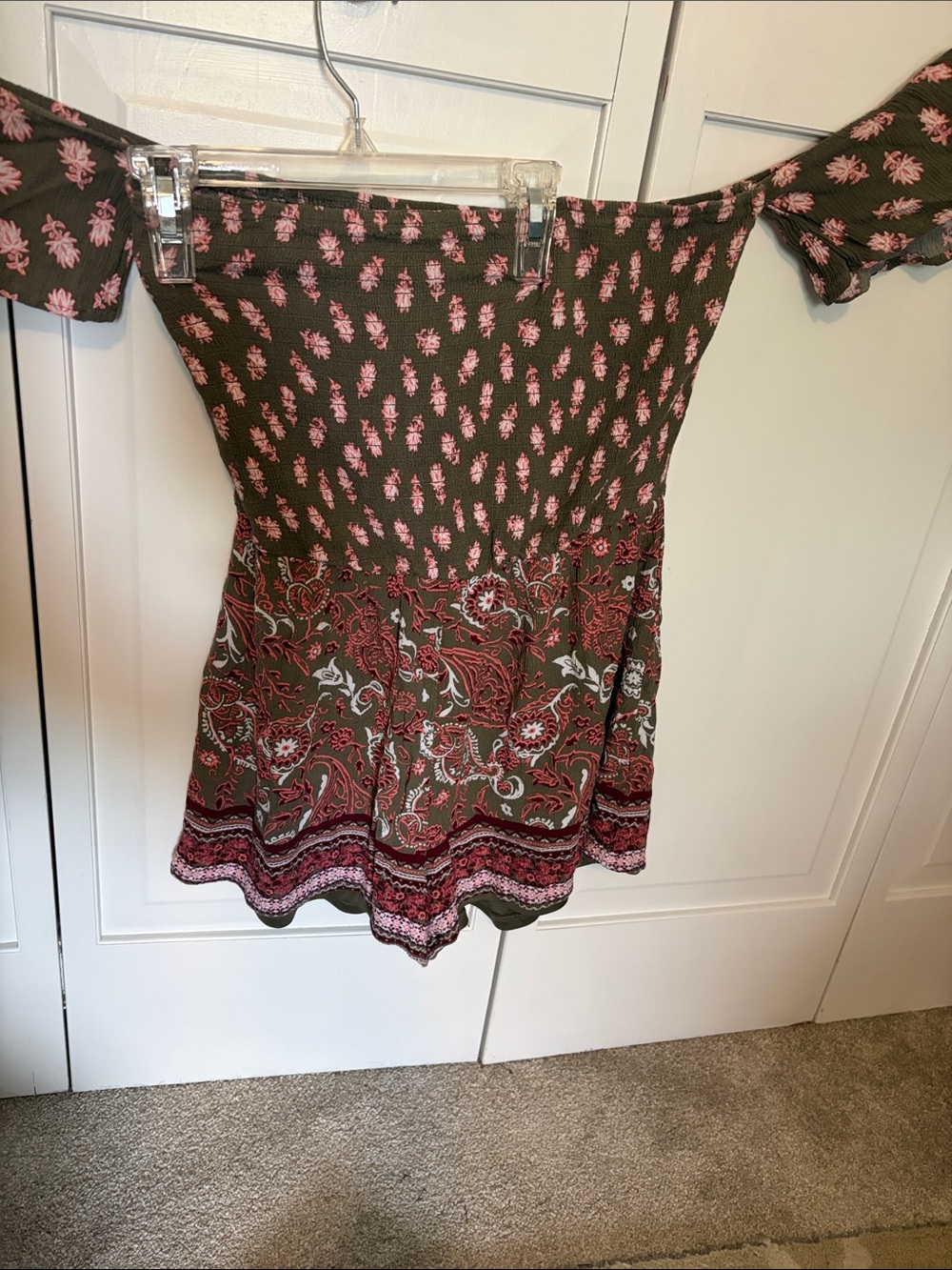 miami Olive Green Off-Shoulder Floral Print Romper with Pink Accents